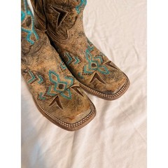 Corral Teens Brown Distressed Leather Turquoise Western Boots E1052 3 1/2 T