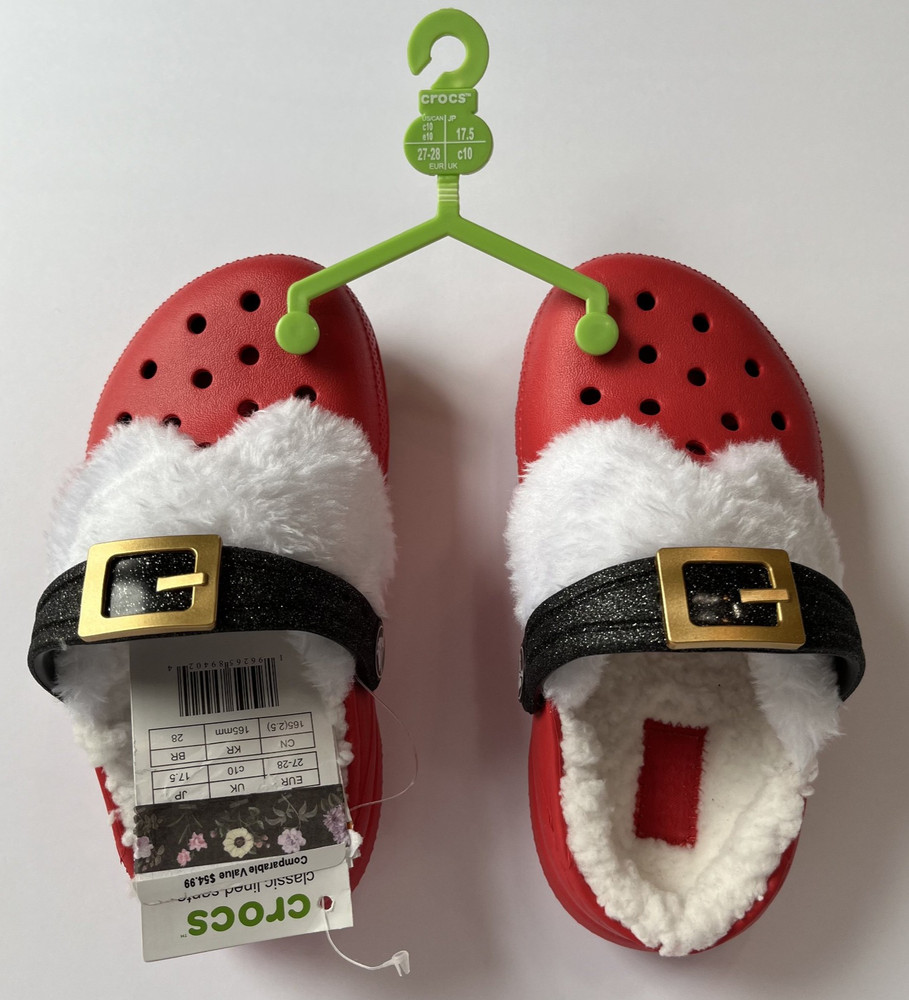 Crocs Classic Lined Santa Clogs KIDS/CHILD 10 Red & White Christmas Holiday NWT