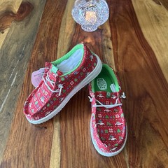 NWT Hey Dude Wally Youth Holiday Sweater Red/Green Shoes Kids Size J2