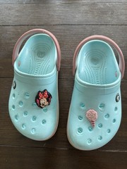 Youth Size 2 Light Blue With Pink Strap Crocs With White And Pink Stripe