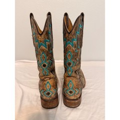 Corral Teens Brown Distressed Leather Turquoise Western Boots E1052 3 1/2 T