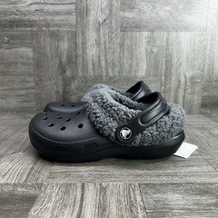 Crocs Classic Lined Clogs Kids J12 Black Grey Sherpa Fleece Warm NEW