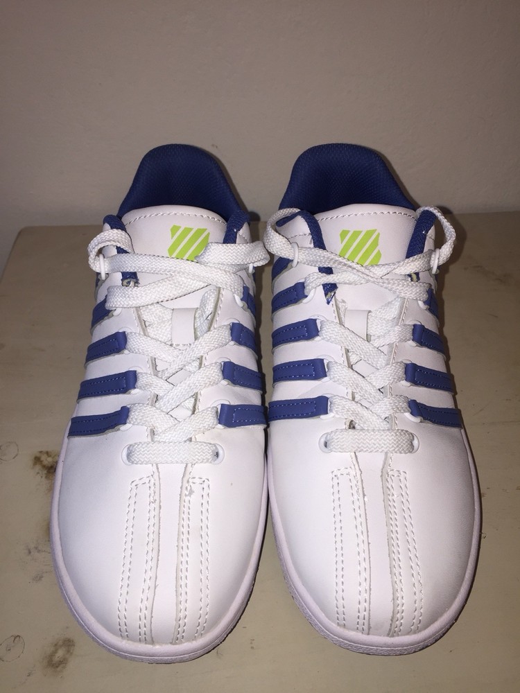 K-SWISS VARSITY LOW WHITE/AQUA BLUE/NEON GREEN YOUTH CASUAL SNEAKER SIZE 5 MED
