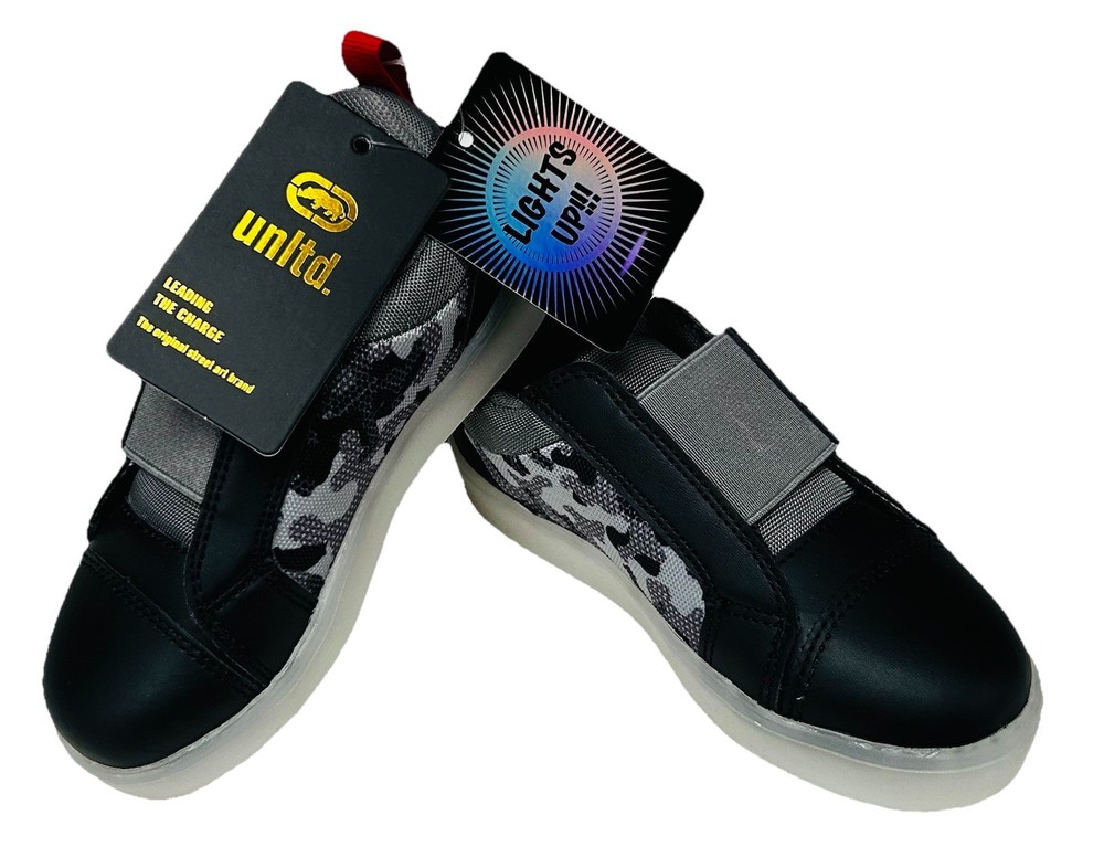 Ecko Unltd. Black/Gray Camo Light-up Sneakers w/hook & loop strap~Kids sz 9~NWT