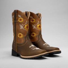 Kids Embroidered Square Toe Cowboy Boots Dark Brown Gold Flowers Leather 6″ 1″ H