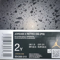 Nike Kid’s Size 2 Jordan 4 Retro OG PS (IB4388 010) Black Cat Basketball