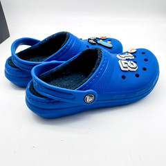 CROCS Blue Clogs Flannel Lined J3 Charms 12 Baseball Skateboard Checker Flags