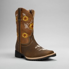 Kids Embroidered Square Toe Cowboy Boots Dark Brown Gold Flowers Leather 6″ 1″ H