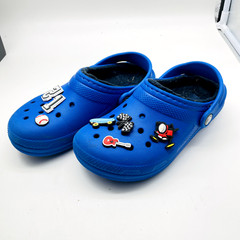 CROCS Blue Clogs Flannel Lined J3 Charms 12 Baseball Skateboard Checker Flags