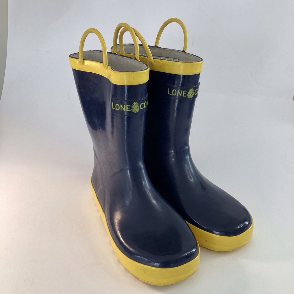 Lone Cone Kids Size 4 Pull On Rain Boots, Blue And Yellow With Handles