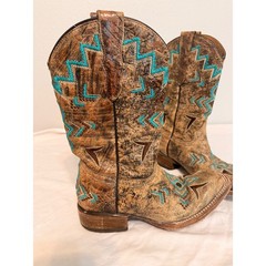 Corral Teens Brown Distressed Leather Turquoise Western Boots E1052 3 1/2 T