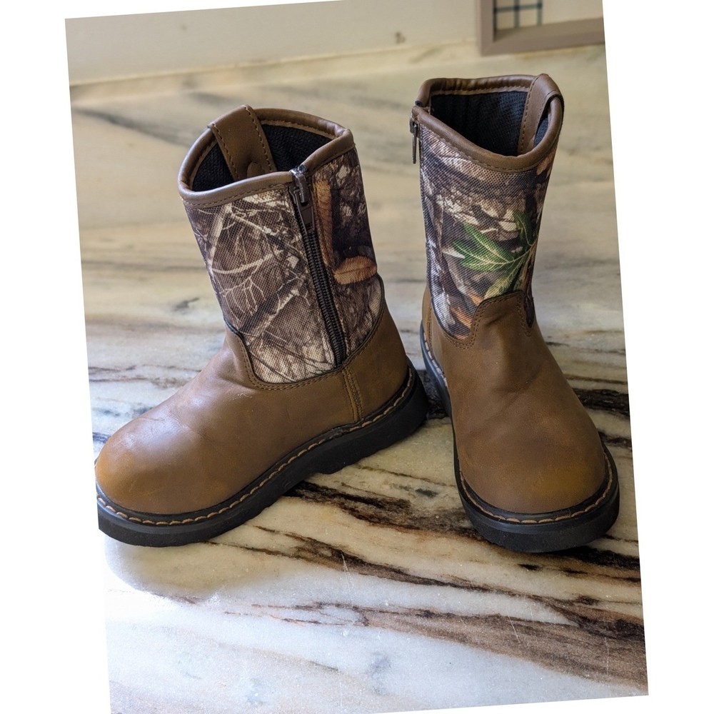 Rocky Kids 8 Inch Pull On Boots Dark Brown Realtree Camo Side Zip Size 9M