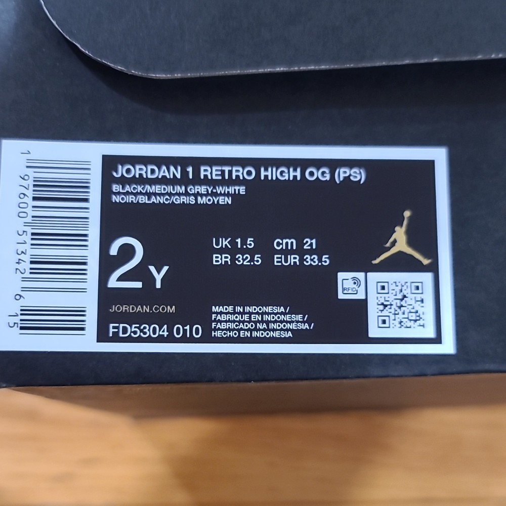 Jordan 1 Retro High OG (PS) Black Medium Grey White 2Y FD5304 010