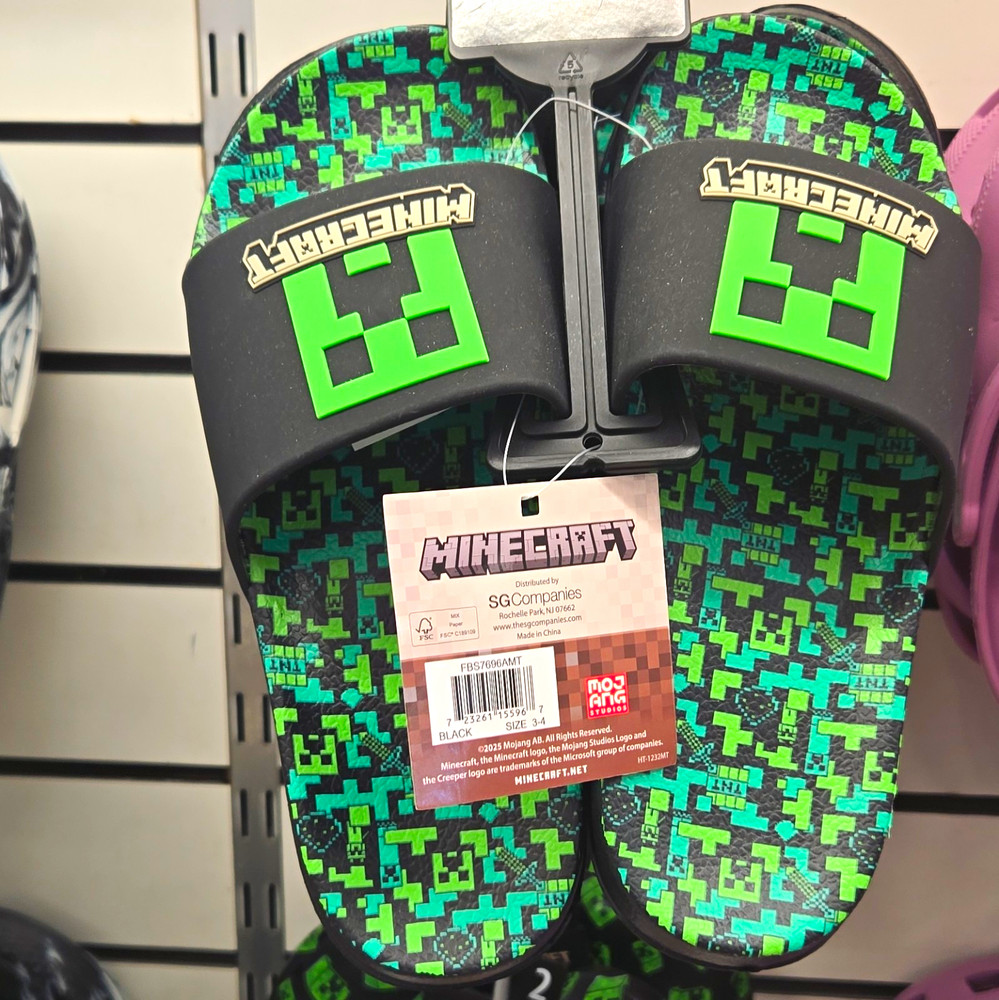 Minecraft Creeper Slide Sandals Unisex Kids US 3-4 Black/Green Slip On