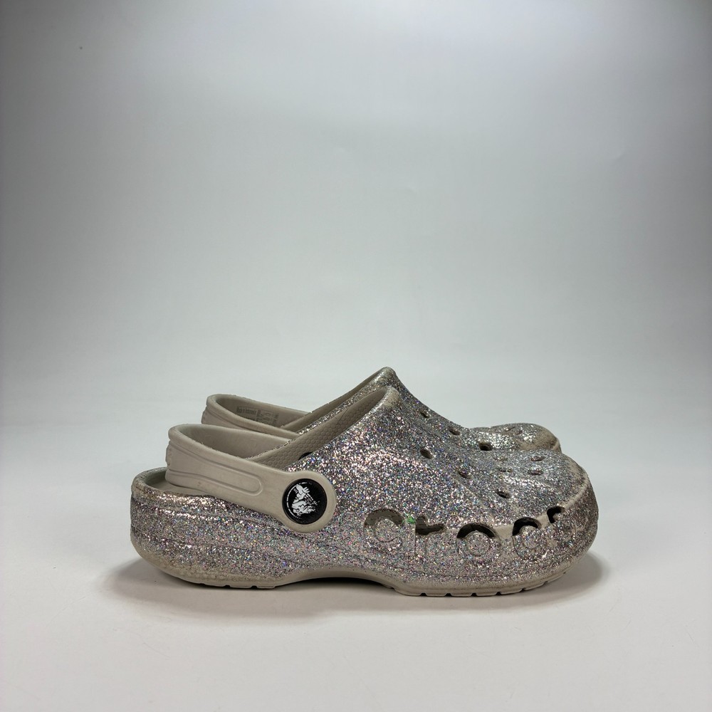 Crocs Baya Glitter Clog Silver Gray Shimmering Slip On Comfort Shoes Kids Sz 12