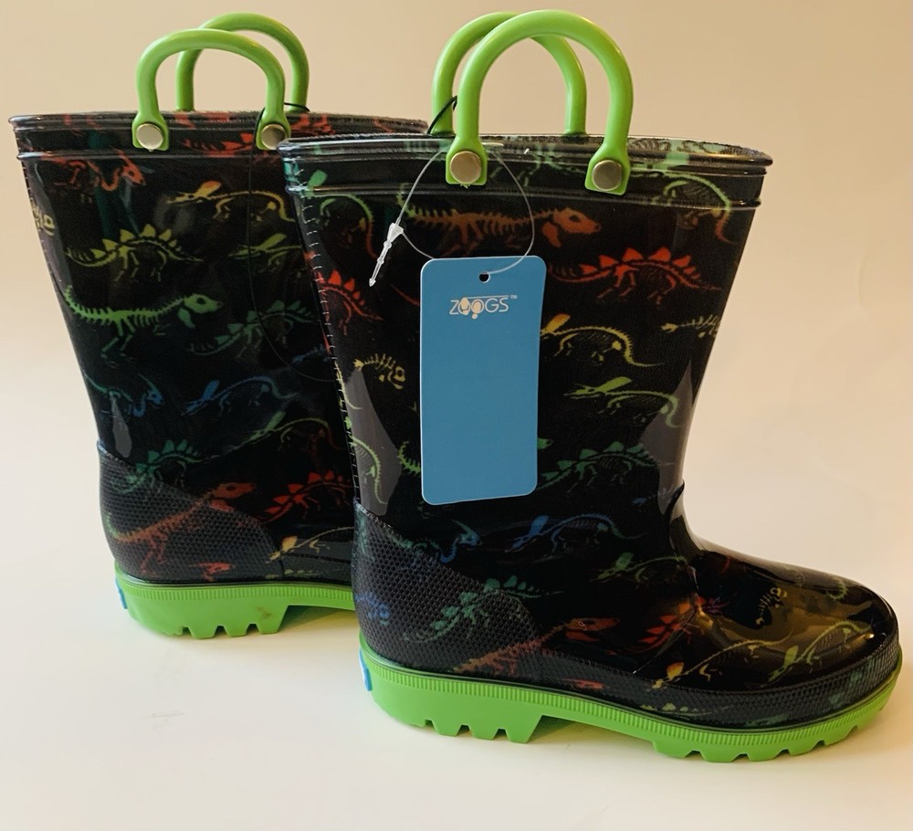 Zoogs Toddler Pull On Handle Rain Boots Dinosaur Print Green Black Size 11