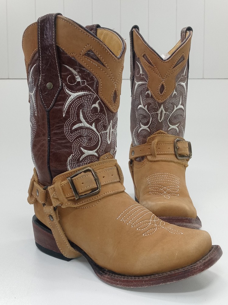 Spinozza Boots Kids Square Toe Buckle Tan Leather Cowboy Boots Size 20.5/US-2.5