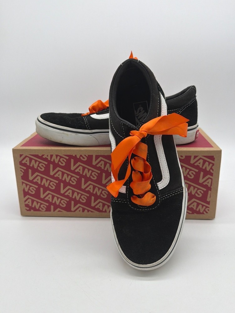 Vans Old Skool Low-Top Canvas Sneakers Black/White W/ Orange Ribbon Laces Youth
