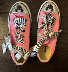 Converse All Star Kids US 1 Pink Canvas Low Top Sneakers Zebra Laces Rhinestone