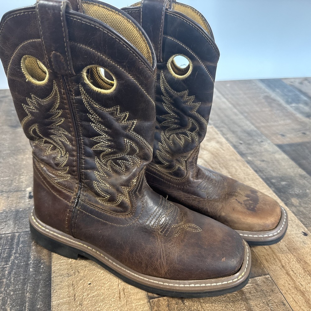 DAN POST Western Cowboy Boots Youth 4D Brown Leather Square Toe Pull-On