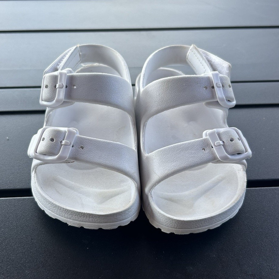 White Strappy Buckle Open Toe Synthetic Flat Sandals Unisex Kids US 7-8
