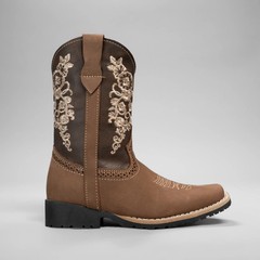 Kids Embroidered Square Toe Cowboy Boots Brown Leather 6″ Shaft 1″ Heel
