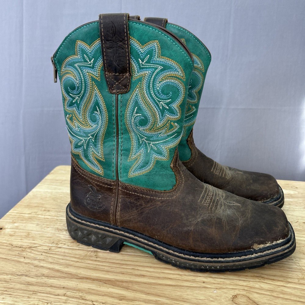 Georgia Boots Kid’s 8″ Carbo Tec, Leather Brown/Turquoise Size 4M Square Toe
