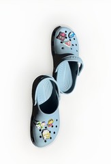 Authentic Crocs Classic Clogs Blue Sz J/4 With 6 Charms Food, And Characters.