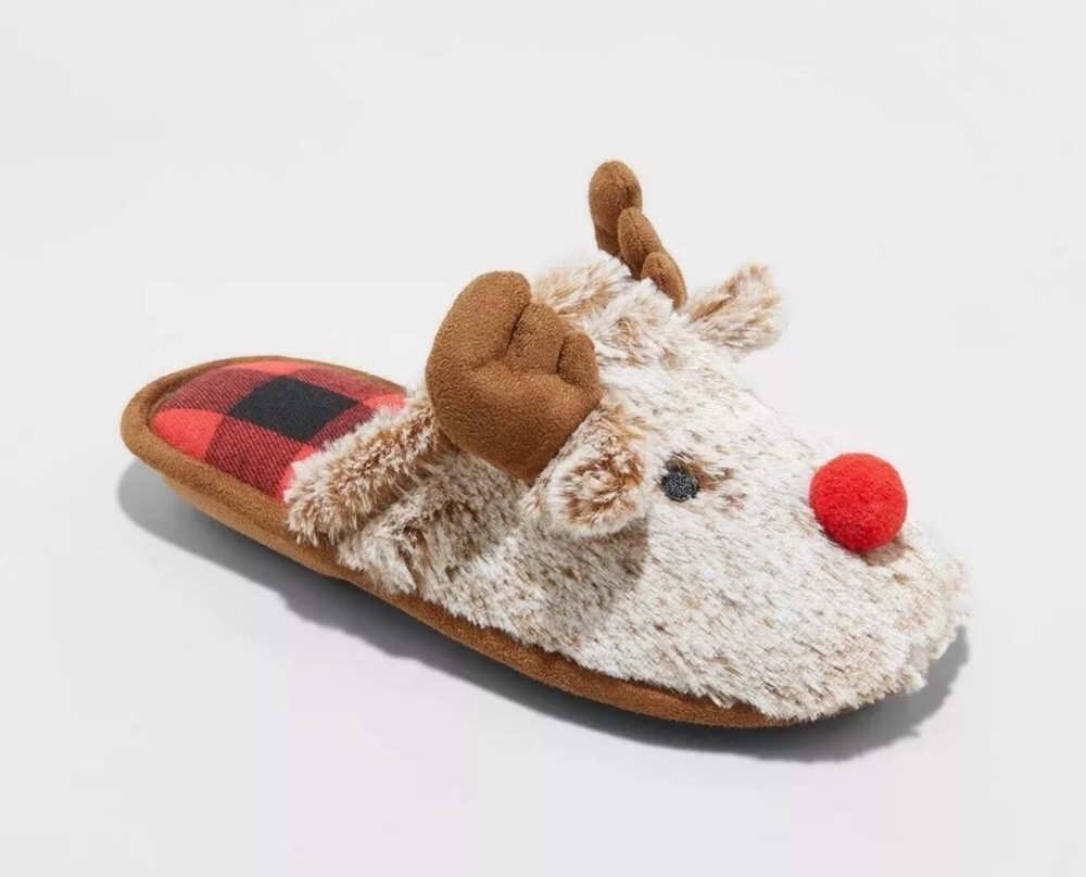 Unisex Kids Holiday Red Nose Rudolf Scuff Slippers – Wondershop 11-12 Brown