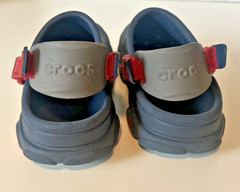 Crocs Size J3 Navy with Red & Gray Accents. Adjustable Straps. Good Condition.