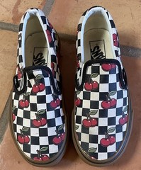 Vans Classic Slip-On Cherry Print Canvas Skate Shoes Youth Boys 3.5 Girls 5 Chec