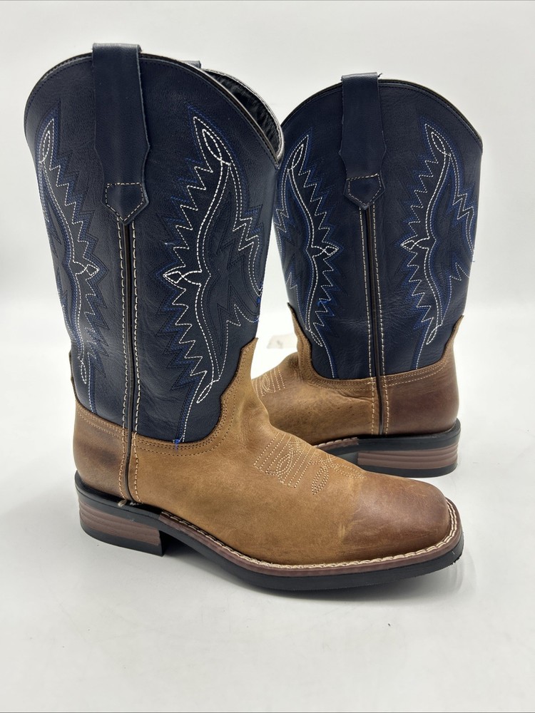 J.B. Dillon Cowboy Western Leather Boot YOUTH size 6.5 Navy blue Brown BIG KIDS