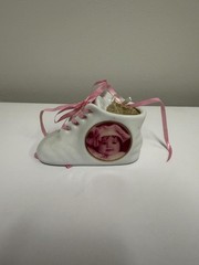 Ceramic Baby Shoe Baptism Keepsake with Pink Ribbon and Photo Insert