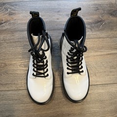 Dr. Martens, Junior 1460 White Patent Leather Lace-up Boots With Side Zip, Sz 4