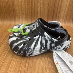 Crocs Baya Lined Marbled Clog Kids Size J3 Black White 211918-0C4 Faux Fur NEW