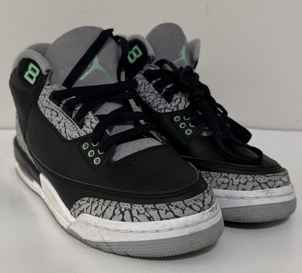 Jordan Air Jordan 3 Kids 6Y Black Gray Green Mid-Top Leather Men 6 Women 7.5