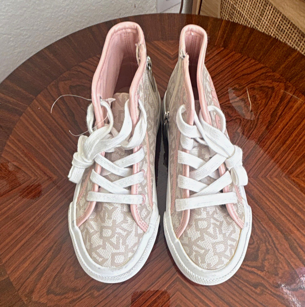 DKNY Kids High-Top Canvas Lace-Up Sneaker Logo Print Side Zip US 1