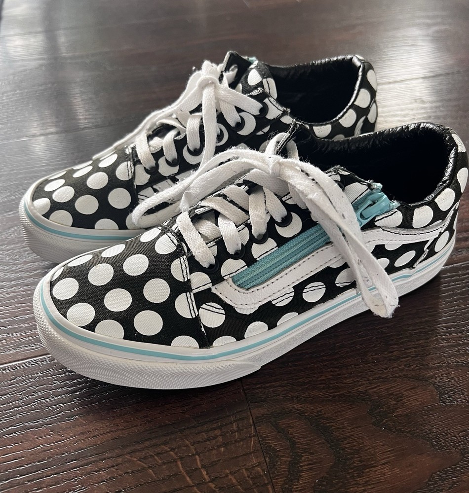 VANS Old Skool Kids‘ Black/White/ Teal Poka Dot Size 4 Pre-Owned Excellent