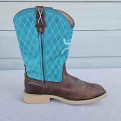 Twisted X Hooey Square Toe Leather Western Boot Youth SZ 2.5 Brown Turquoise
