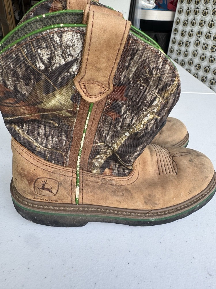 John Deere Camo Boots Youth size 3.5 Western Cowboy Brown Green Leather