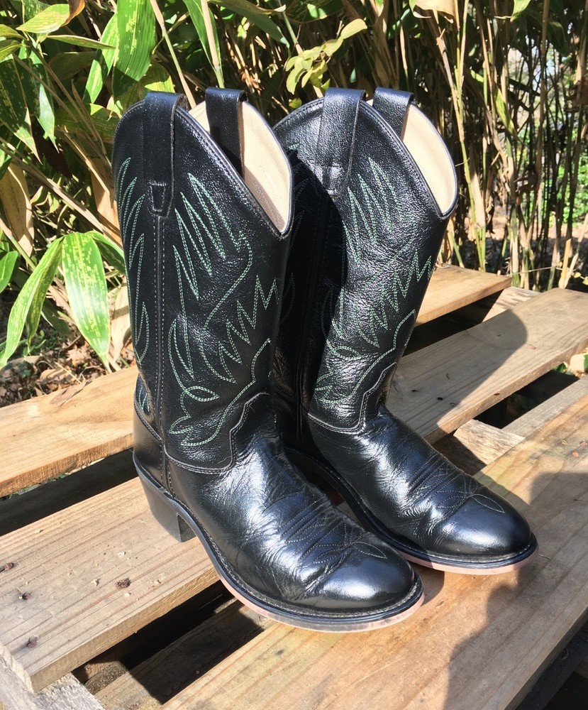 OLD WEST Black Leather Youth Size 5.5 Cowboy Boots Green Stitching VGC