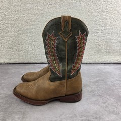 Roper Kids Western Cowboy Boots Brown Green Embroidered Square Toe Size 12