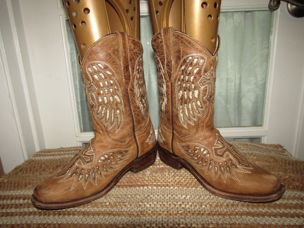 Wildflowers Brown Square Toe Wings Cross Western Boots Youth size 1 Mex 21