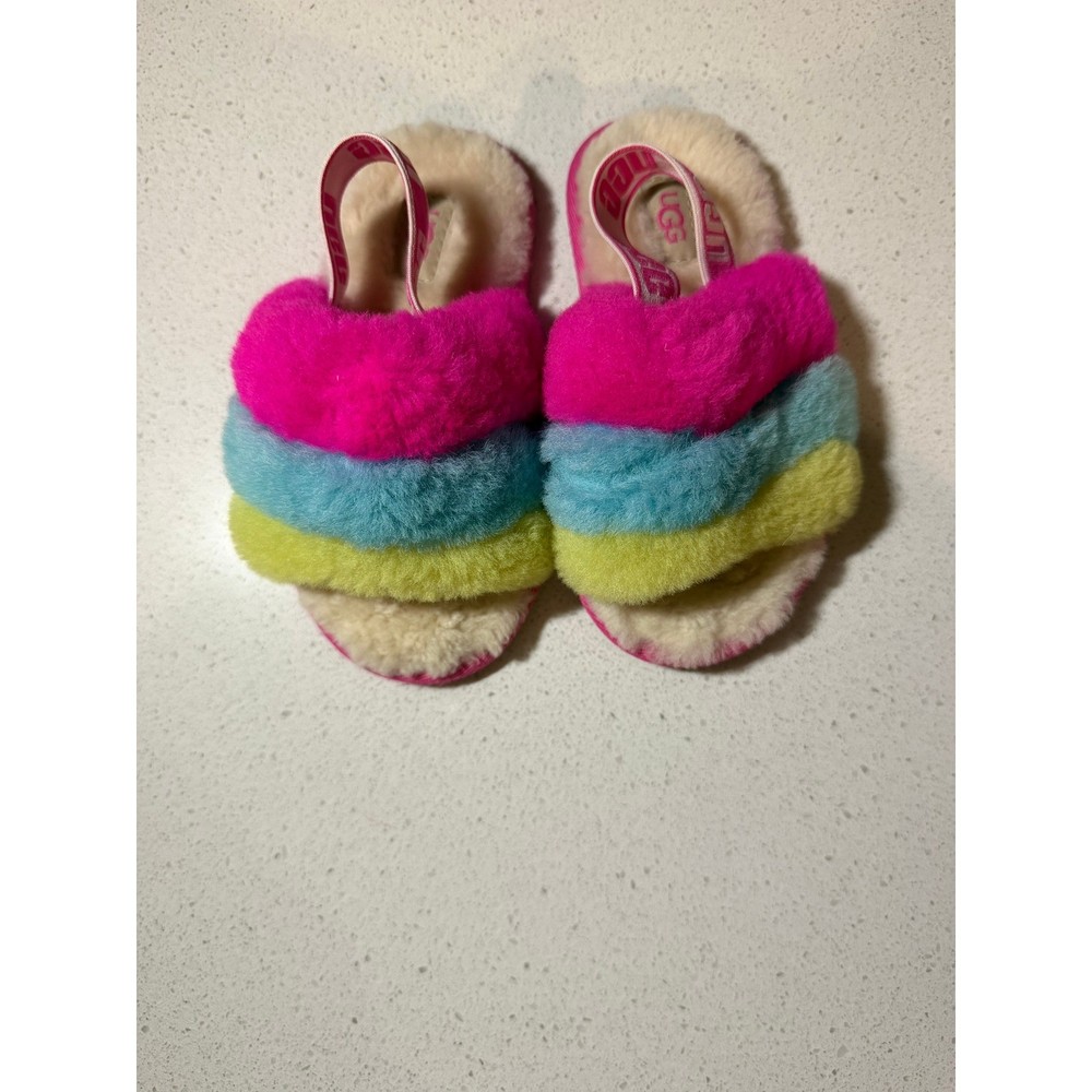 UGG Kids Fluff Yeah Slide Rainbow Pink Blue Yellow Toddler Size 9C