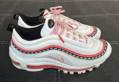 Nike Air Max 97 Script Swoosh Sneakers 7Y Women 8.5 White/Red/Black CQ4817-100
