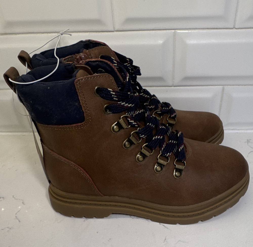 Art Class Brown Navy Solid Synthetic Lace-Up Ankle Hiker Boot Round Toe 2