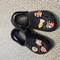 Black Crocs Classic Clogs with Nintendo Character Jibbitz Charms Size 11 Toddler