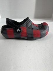 Crocs Classic Lined Red Gray Black Plaid Clog Sz J1