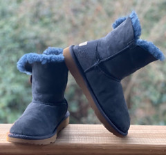 UGG Kids Boots Size 2 Bailey Button Suede Sheepskin Lining Warm Blue