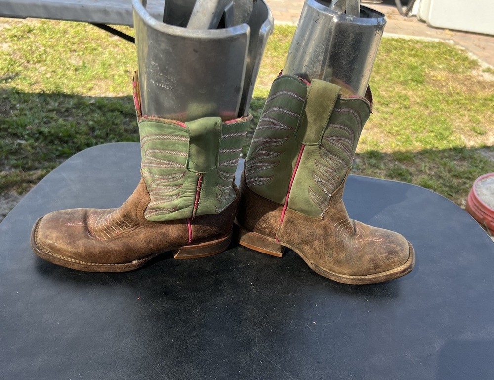 Anderson Bean Kids Cowboy Boots Size 1 Brown/Green Square Toe